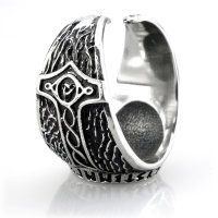 Stainless Steel Viking Ring Helmet of Awe in a runic circle
