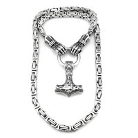 Massive Edelstahl Halskette Thors Hammer mit Panzerhandschuhen und Runen