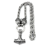Solid stainless steel necklace Thors Hammer with Fenris Wolf