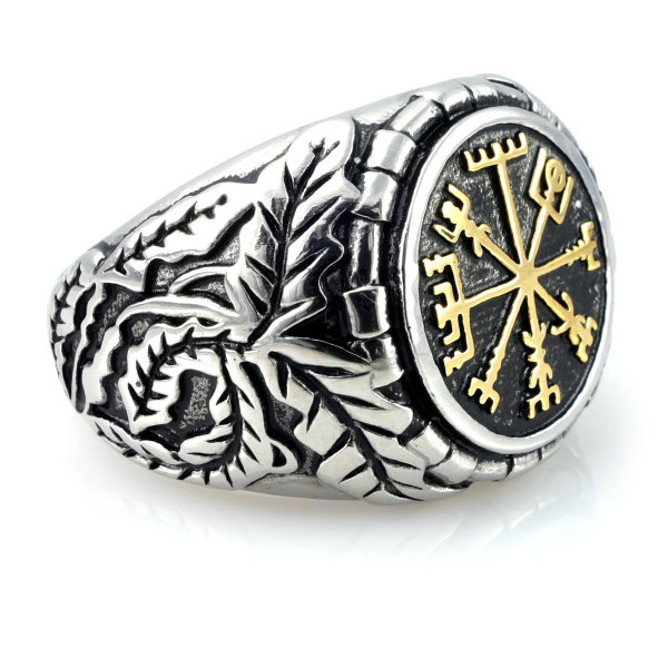 Stainless steel viking ring with gold-coloured vegvisir