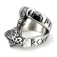 Stainless Steel Viking Ring Thors Hammer with Futhark Runes