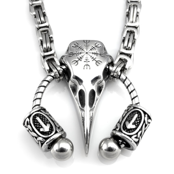 Solid stainless steel necklace crow skull with futhark runes