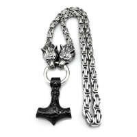 Solid stainless steel necklace Thors Hammer with Fenris Wolf - Silver / Black