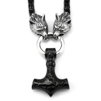 Solid stainless steel necklace Thors Hammer with Fenris Wolf - Black