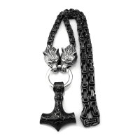 Solid stainless steel necklace Thors Hammer with Fenris Wolf - Black