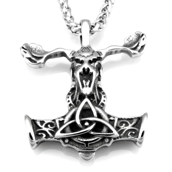 Stainless Steel Necklace Thors Hammer with Moose &amp; Triquetra