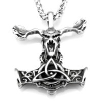 Stainless Steel Necklace Thors Hammer with Moose &amp;...