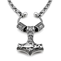Solid stainless steel viking necklace Thors hammer with Futhark runes - Silver