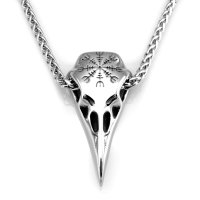 Stainless Steel Viking Necklace Crow Skull with Helm of Awe