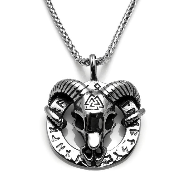 Stainless steel necklace ram with valknut and viking symbols