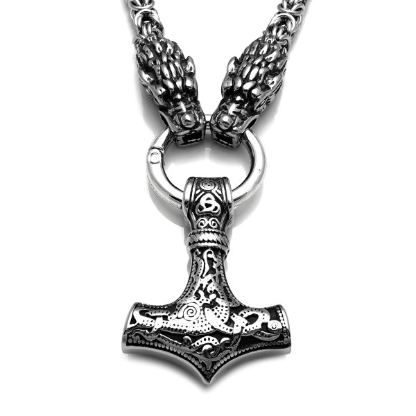 Solid stainless steel necklace Thors Hammer with Geri &amp; Freki
