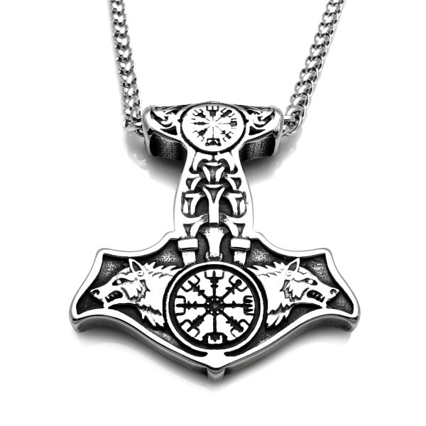 Stainless steel necklace Thors hammer with Vegvisir and Geri &amp; Freki