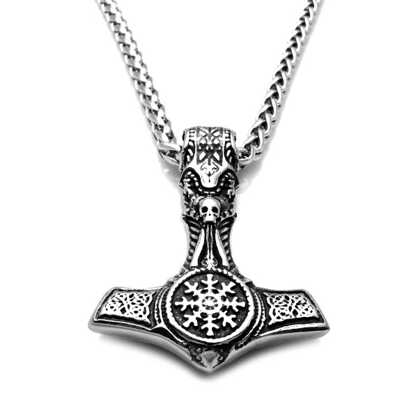 Stainless steel necklace thors hammer with skull and helm of awe