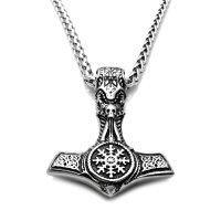 Stainless steel necklace thors hammer with skull and helm...