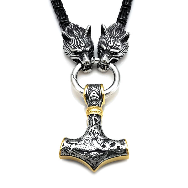 Massive Edelstahl Halskette Thors Hammer mit Fenris Wolf- Schwarz Silber Gold