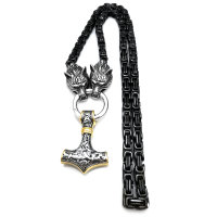 Solid stainless steel necklace Thors Hammer with Fenris Wolf - Black Silver Gold