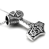 XL Edelstahl Halskette Thors Hammer mit Eisernem Kreuz und keltischen Knoten