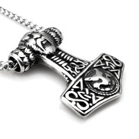 Stainless steel necklace Thors Hammer with Odin &amp; Fenris Wolf