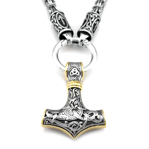 Massive Edelstahl Halskette Thors Hammer mit Futhark Schriftzeichen