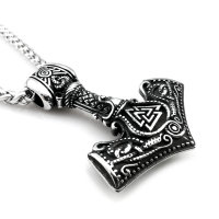 Stainless steel necklace Thors Hammer with Odin &amp; Triquetra