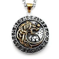 Stainless steel necklace fenris wolf in runic circle -...