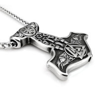 Stainless steel necklace Thors Hammer with Hugin &amp; Munin, Valknur and Vegvisir