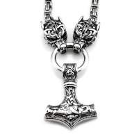 Solid stainless steel necklace Thors Hammer with Geri &amp; Freki and Celtic knots