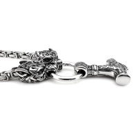 Massive Edelstahl Halskette Thors Hammer mit Geri &amp; Freki und keltischen Knoten